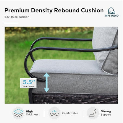 MFSTUDIO 4 Pieces Outdoor Patio Furniture Set, Metal Outdoor Conversation Set, Rattan Wicker Patio Sectional Sofa Set with 2 x Rocking Single Sofa, 3-Seat Sofa, 1 x Coffee Table, Grey