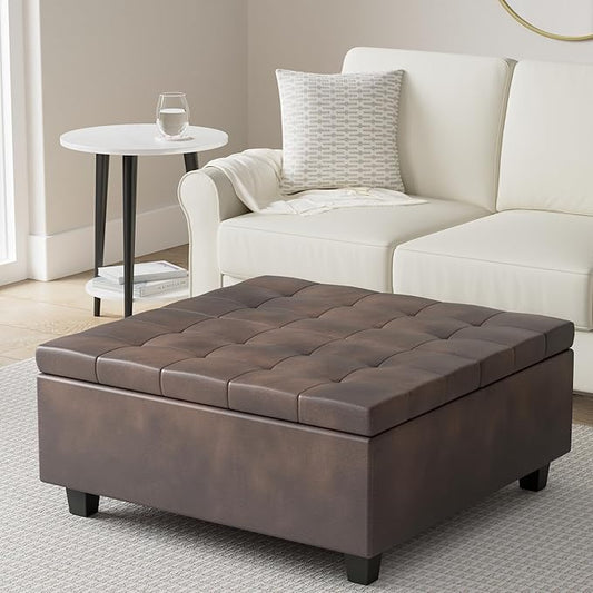 SIMPLIHOME Harrison Coffee Table Storage Ottoman - 36 inch Wide Upholstered Vegan Leather Square Lift-Top Ottoman in Distressed Brown, Transitional Ottoman for Living Room with Hidden Storage