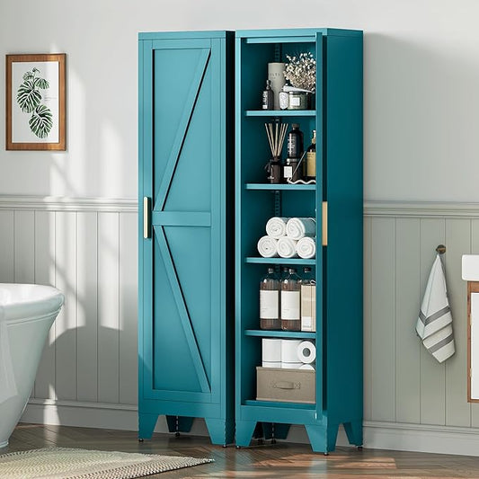67" Tall Narrow Bathroom Metal Storage Cabinet with 4 Adjustable Shelves, Freestanding 5 Tier Slim Pantry Storage Cabinet for Small Space, Peacock