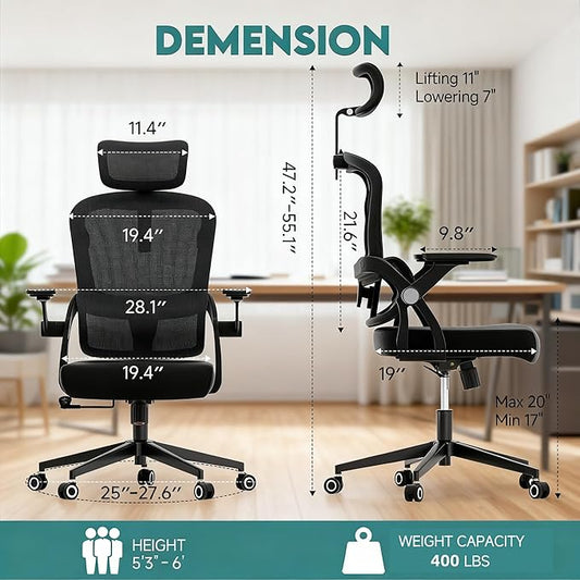 Ergonomic Office Chair - 400LB Comfy Desk Chairs with Adjustable Headrest and Lumbar Back Support, Mesh Computer Chairs with Wheels and Arms for Home Office, Study, Bedroom and Dorm (05black)