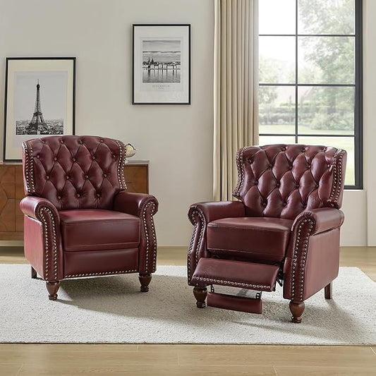 HULALA HOME Genuine Leather Recliner Chair Set of 2 w/Solid Wood Feet, Modern Adjustable Tufted Push Back Arm Chair w/Rivet Decoration, Home Theater Seating Reclining Sofa for Living Room, Burgundy
