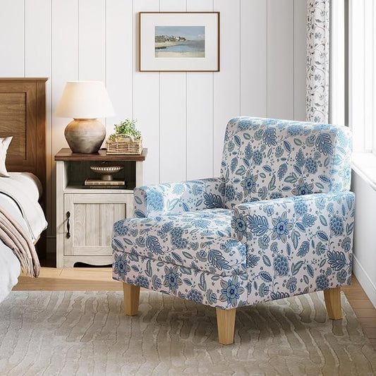 LINSY Floral Accent Chair, Large Armchair with Rubberwood Legs, Mid Century Upholstered Reading Chair, Comfy Oversized Single Sofa Chair for Living Room Bedroom Office Study, Floral Blue