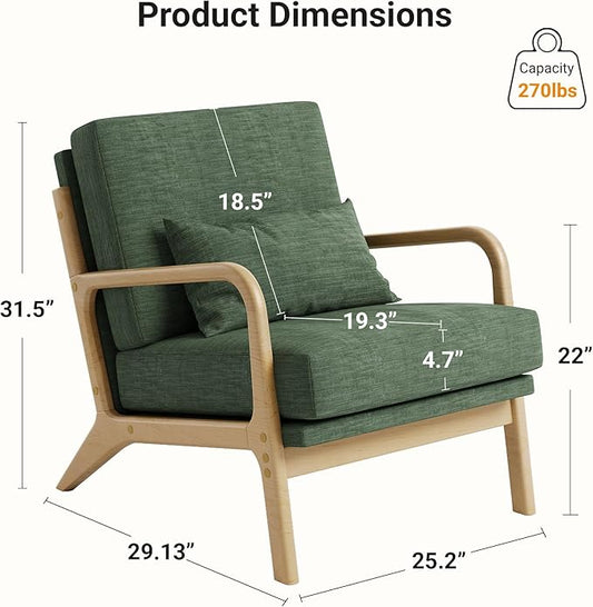 Claiks Mid-Century Modern Accent Chair, Living Room Armchair with Solid Wood Frame & Lumbar Pillow, Comfy Upholstered Lounge Chair for Bedroom, Office, Linen-Like Fabric, Green
