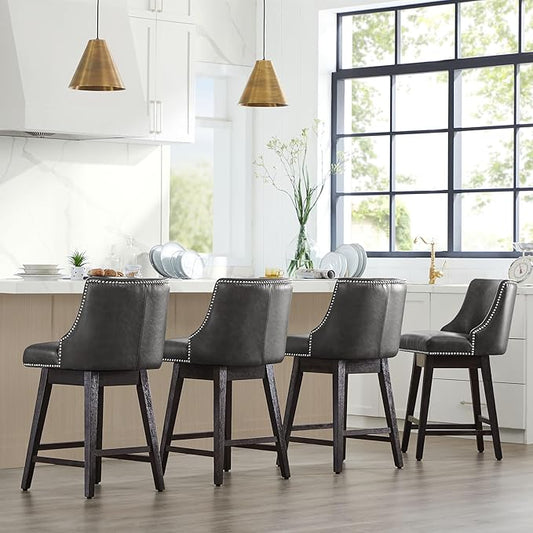 CHITA Counter Height Swivel Bar Stools Set of 4, FSC Certified Upholstered Counter Stools, Modern Swivel Barstools with Wood Legs for Kitchen Island, 26" Seat Height, Faux Leather in Retro Grey