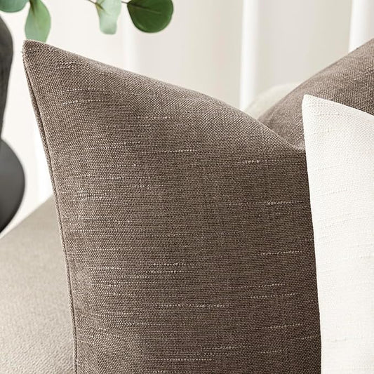 Foindtower Pack of 2 Soft Textured Chenille Throw Decorative Pillow Covers Square Accent Solid Cushion Cover Cozy Farmhouse Pillow Case with Zipper for Couch Sofa Bedroom Living Room 16x16 Inch, Taupe