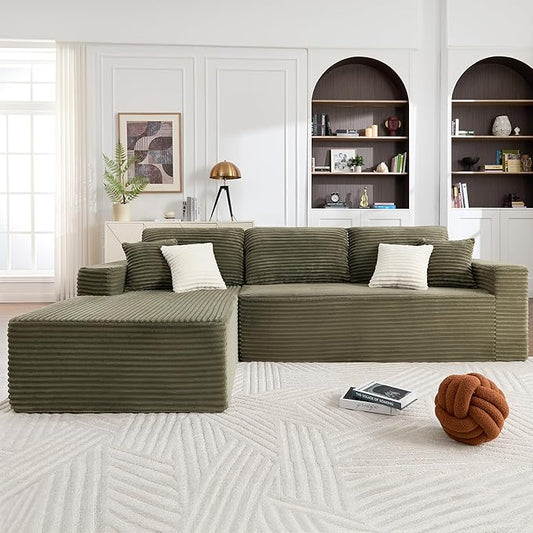 108" Boneless Couches for Living Room, Modular Sectional Sofa with Oversized Chaise, L-Shape Cloud Couch with Deep Seat, High-Density Memory Foam, No Assembly Required, Plush Corduroy Green