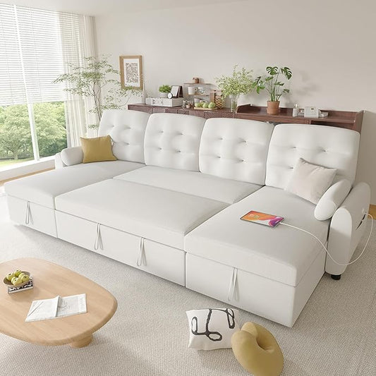 Ucloveria Sleeper Sofa Bed, 112" U Shaped Sectional Sofa Couches for Living Room, Pull Out Couch Bed with Dual Reversible Storage Chaise | Charging Station | Side Pockets | Removable Backrest