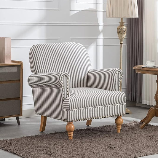 Linen Accent Chair Mid-Century Modern Living Room Armchair with Nailhead Trim & Wood Legs Comfy Upholstered Single Sofa Chair for Lounge/Bedroom/Reception, Black Stripe