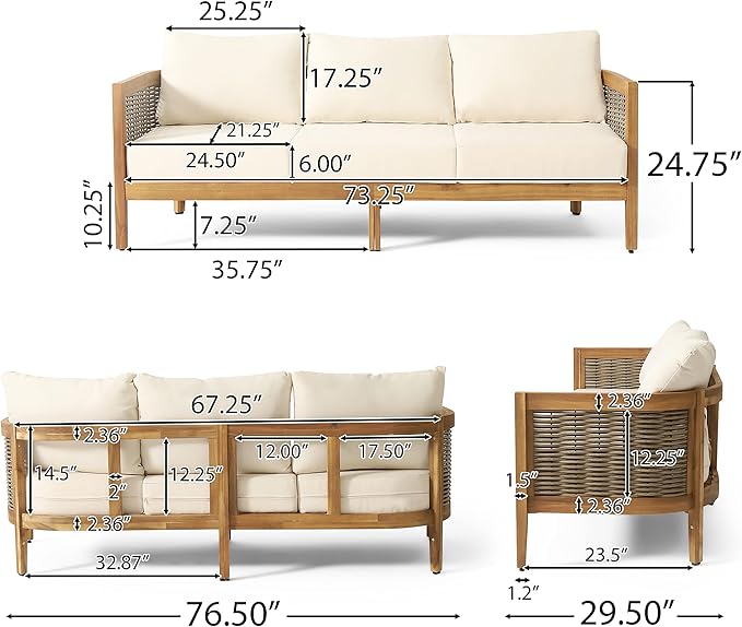 Christopher Knight Home Burchett Outdoor 3 Seater Sofa with Cushions - Acacia Wood and Round Wicker - Teak/Mixed Brown/Beige