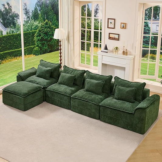 Hobestluk Cloud Modular Sectional Couch 4-Seater Sofa with Ottoman L Shaped Couch Deep Seat Sofa with Removable Cover Large Sofa for Living Room (Green, 4-Seater Sofa with One Ottoman)