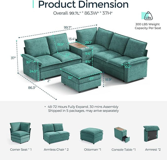 LINSY HOME Modular Sectional Couch Set, 99.7" V Shaped Cloud Sofa with Versatile Console, Chenille 5 Seater Sofa Set for Living Room, Apartment, Office, Grey