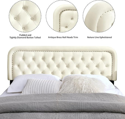 Tufted Upholstered Headboard,Button Solid Wood HeadBoards with Adjustable Height,Modern Performance Velvet Bed Head Boards,Easy Install&Nailhead (Beige, Queen)