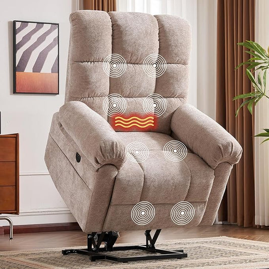 Oversized Power Lift Recliner Chair for Elderly, Electric Lift Chair with Masssage and Heat, Overstuffed Power Recliner for Adults, 3 Positions,USB Ports, Side Pockets,Beige