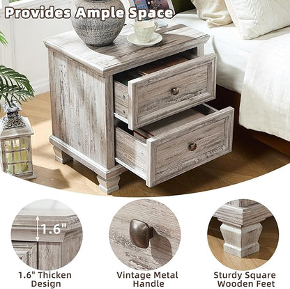 Farmhouse Nightstand with Charging Station, Rustic Low Night Stand with 2 Drawers, Mid-Century Modern End Table with 4 Square Solid Wood Legs, Small Vintage Dresser for Bedroom, Home, Grey