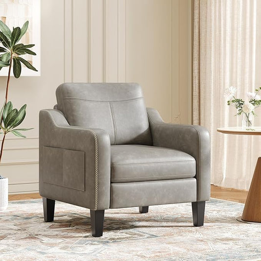 PU Leather Accent Chair, Mid-Century Modern Living Room Armchair Sofa with Removable Cushions, Solid Wood Frame & Stitched Armrest Design, Bedroom Chair with Plastic Legs, Grey