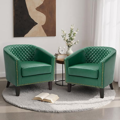 Pia Ricco Faux Leather Barrel Chairs Set of 2, Modern Comfy Accent Chairs, Upholstered Armchair Club Chairs with Nailhead Trim, Single Sofa Barrel Chair for Living Room Reading Room, Green