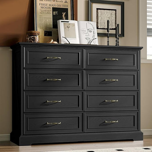 Farmhouse 8 Drawers Dresser for Bedroom, 48" Wide Modern Chest of Drawers with Deep Drawers & Bar Handles, Wood Dresser TV Stand, Wooden Rustic Closet Storage Organizer for Living Room, Hallway, Black