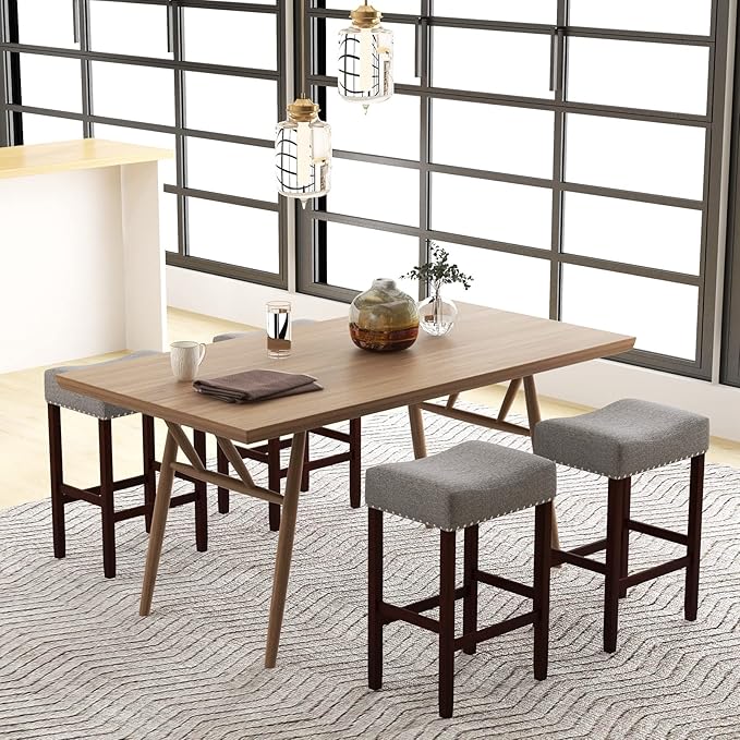 COSTWAY Counter Height Bar Stools Set of 4, 25-inch Backless Saddle Stools with Nailhead Trim, Rubber Wood Frame, Footrest, Max Load 330 Lbs, Upholstered Barstools for Kitchen Island Pub, Grey