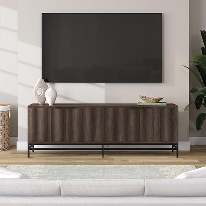 Henn&Hart Fluted TV Stand for TVs up to 78'' with 2 Storage Cabinets and Adjustable Shelves for Living Room, Family Room, or Office, Alder Brown