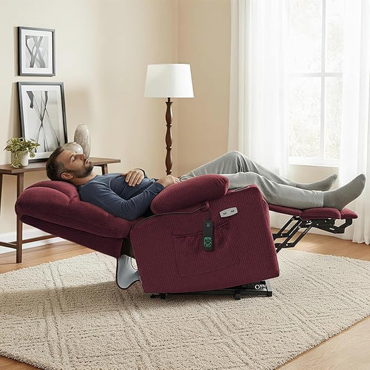 MCombo Large Dual Motor Power Lift Recliner Chair for Elderly, Massage and Heat, Lay Flat, Zero Gravity, Home Button, USB Port, Fabric 7680 (Large, Burgundy)