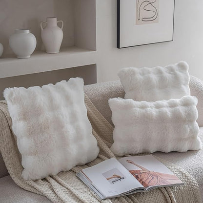 Neelvin Cream White Faux Fur Cozy Soft Double-Sided Decorative Throw Pillow Covers 16x16 inch Set of 2,Velvet Pillowcase Cushion Case for Sofa Couch