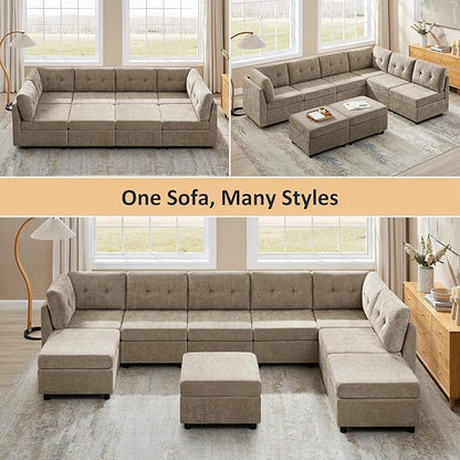 VANOMi 118" Modular Cloud Sofa with 2 Ottomans, 8 Seater Convertible Modular Sectional Sofa Bed, Comfy Chenille Sofas & Couches for Living Room, Apartment, Office, Camel, Large Sofa Bed