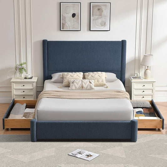 VELOCAVA King Size Upholstered Bed Frame with 51.77" Tall Headboard and Soft Rounded Corners, 2 Storage Drawers, 12-Slat Support, No Box Spring Needed, Linen-Blend Fabric, Dusty Blue