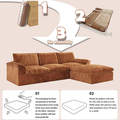 EASE MOOSE Oversized Boneless Couch for Living Room, Sectional Cloud Sofa, Modular Cloud Couch, 3-Seater Deep Seat Sofas with Pillow for Bedroom, Apartment, No Assembly Required, Chenille (Brown)