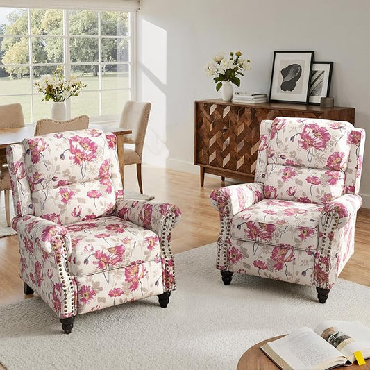 Lumibee Pushback Recliner Chair,Upholstered Wingback Chair for Small Spaces,2 Set of Floral Fabric Armchair for Living Room,Single Sofa Accent Chair Reading Seat for Balcony,Bedroom-Pattern White