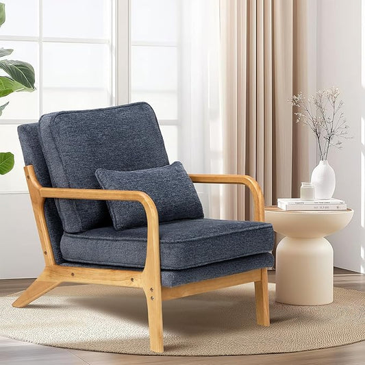 Modern Accent Chair with Lumbar Pillow, Relaxing Mid Century Chair Armchair with Solid Wood Frame & Soft Cushion, Reading Leisure Armchair for Living Room, Blue