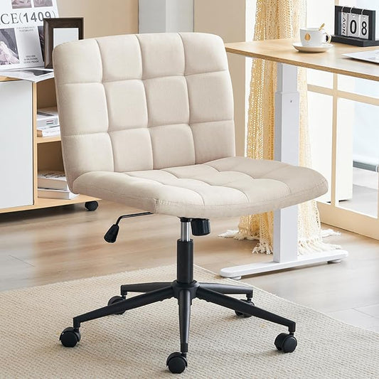 Furnimart Swivel Criss Cross Legged Chair with Wheels for Home Office, Wide Armless Desk Chair Height Adjustable Comfy Seat for Desk,Vanity, Bedroom, Beige