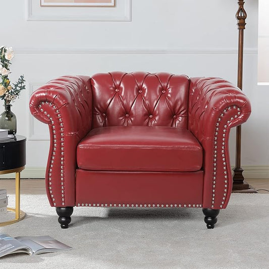 LEVNARY Leather Upholstered Armchair, Mid-Century Modern Single Sofa Chair with Rolled Arms and Nailhead, Tufted Pu Leather Chesterfield Chair for Home Bedroom Reading Room (Wine Red)