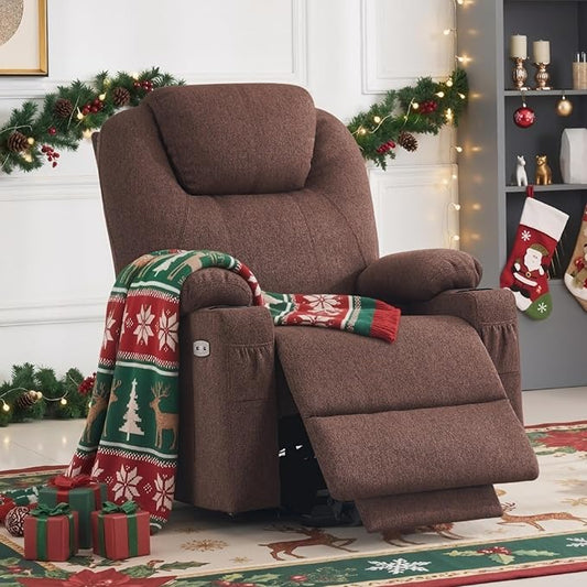 MCombo Power Lift Recliner Chair for Elderly, Lift Chair with Heat and Massage for Tall People, USB&Type C Ports, Extended Footrest, Cup Holders, Fabric 7516 (Large, Coffee)