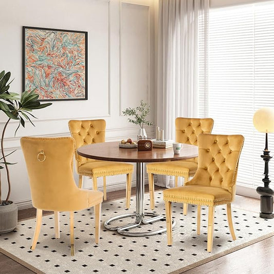 Velvet Upholstered Dining Chairs Set of 4, Modern Style Kitchen Side Chairs with Nailhead Trim and Gold Plated Leg, Metal Pulling Ring for Dining Room Living Room(Gold-Gold Plated Leg)