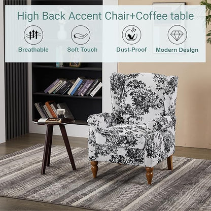 Modern High - Back Accent Chair and Side Table Set - Upholstered Wingback Armchair for Living Room, Bedroom,Office(Floral)