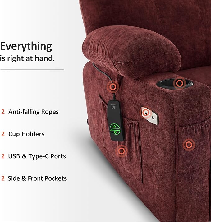 MCombo Power Lift Recliner Chair for Elderly, Lift Chair with Heat and Massage, USB&Type C Ports, Extended Footrest, Cup Holders, Fabric 7040 (Medium, Sangria)