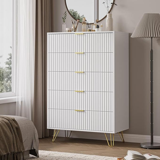 5 Drawers Dresser for Bedroom, 47" Tall Modern Chest of Drawers with Gold Handle, Fluted Wood Dresser for Bedroom, Living Room, Hallway, Entryway, White