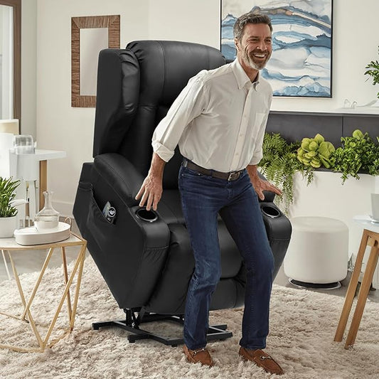 URRED Power Lift Recliner Chair for Elderly, Electric Massage Recliner with Heat, Infinite Position Adjustment, Faux Leather Lift Chair with Cup Holders, Side Pockets & USB Port – Light Black