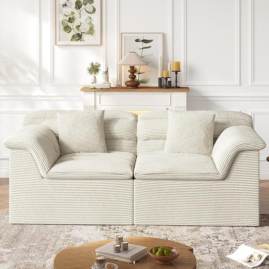 88" Sofa with Deep Seats Oversize, 3 Seater Cloud Couches, Upholstered Corduroy Couch for Living Room Bedroom, No Assembly Required, Beige