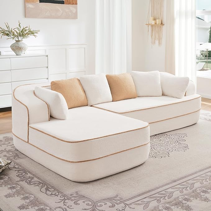 Cloud Sectional Sofa Modern Boneless Couch for Living Room, Comfy Deep Seat Comfy Teddy Fabric Double Sofa Chaise No Assembly Required (White, 106" L Shape with Left Facing)