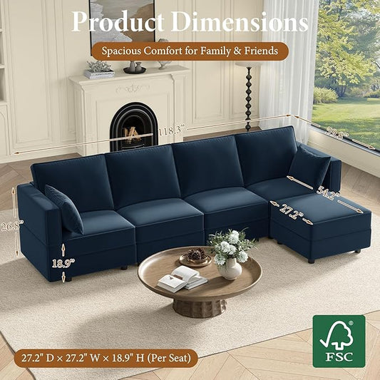 Vesgantti Sectional Couches with Storage Seats, 118" L Shaped Convertible Modular Sectional Sofa, 4 Seat & 1 Ottoman Velvet Storage Chaises Deep Seat Couch for Living Room, Bedroom, Apartment, Blue