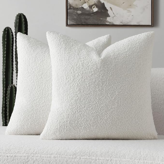 FUTEI Christmas Pack of 2 White Decorative Throw Pillow Covers 16x16 Inch Soft Cozy Solid Boucle Textured Cushion Case,Modern Home Decor for Couch Bed Living Room