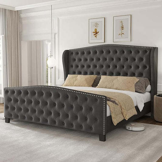 LARMACE King Size Bed Frame Velvet Upholstered Platform Bed with Wingback Headboard & Footbaord, Deep Button Tufted Bed Frame with Wood Slats Support, No Box Spring Needed, Grey