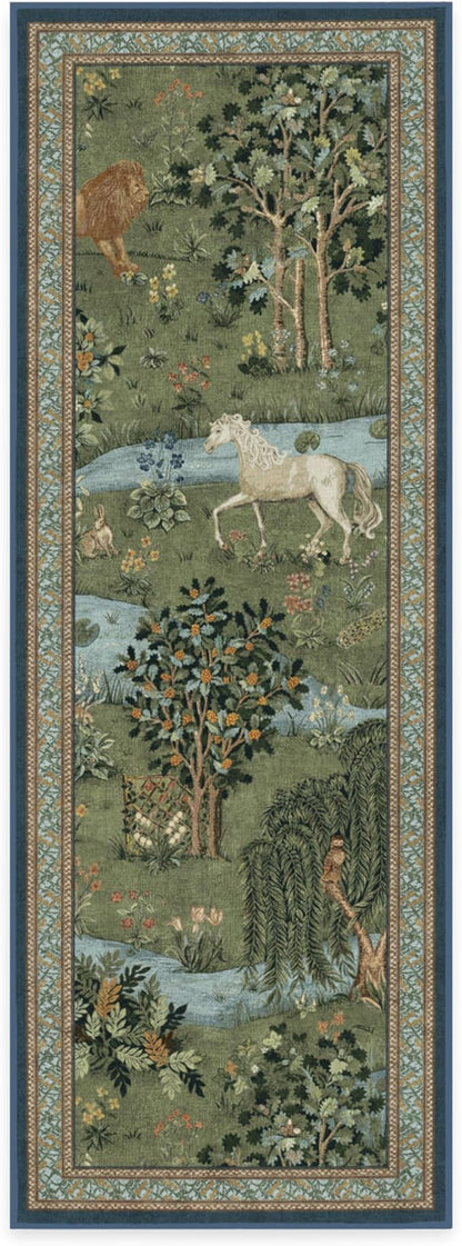RUGGABLE x Morris & Co Washable Runner Rug – Owl & Willow Green 2.5x7, Stain-Resistant, Non-Slip Hallway Runner – Machine Washable Rug for Hallway, Entryway, Living Room & Kitchen–with Standard Pad