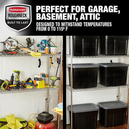 Rubbermaid 18 GAL 6 Pack Garage Storage Bins with Stackable Lid, Heavy Duty - Made in USA - Extreme Temperature Resistant, Durable Plastic Containers with Handles - Solid Black and Grey