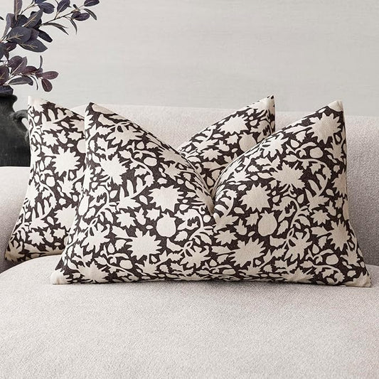 Foindtower Set of 2 Decorative Neutral Floral Lumbar Throw Pillow Covers Accent Farmhouse Cushion Covers Boho Vintage Pillowcase for Couch Sofa Bedroom Living Room Home Decor,12×20 Inch,Black