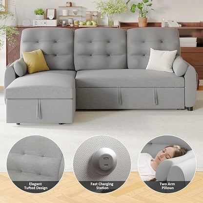 Ucloveria Sleeper Sofa Bed, 86" Convertible Sectional Sofa Couches for Living Room, Pull Out Couch Bed with Reversible Storage Chaise | USB Ports | Side Pockets | Removable Backrest