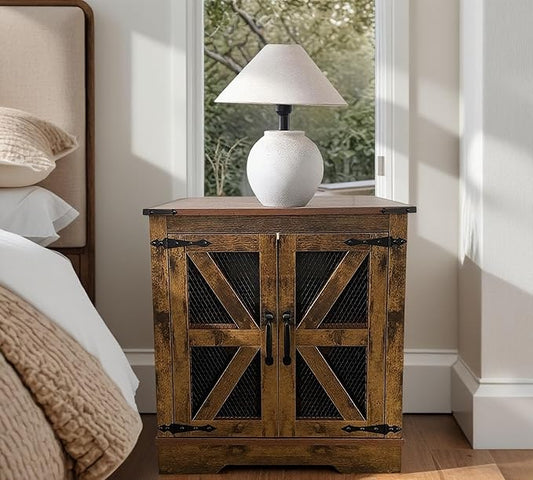 White Farmhouse End Table with Charging Station, 24" Wood Sofa Side Table with Mesh Barn Door, Nightstand with Adjustable Storage Shelf for Living Room, Square
