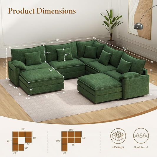Vesgantti 101" V-Shaped Corner Couch Sectional, 7 Seat Customizable Modular Cloud Couches with Movable Ottoman, Chenille Deep Seat Sofa Set with Chaise for Living Room, Bedroom and Apartment, Green