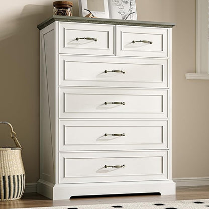 Farmhouse 6 Drawers Dresser for Bedroom, 43" Tall Modern Chest of Drawers with Deep Drawers & Bar Handles, Rustic Wood Dresser TV Stand, Wooden Closet Storage Organizer for Living Room, Hallway, White